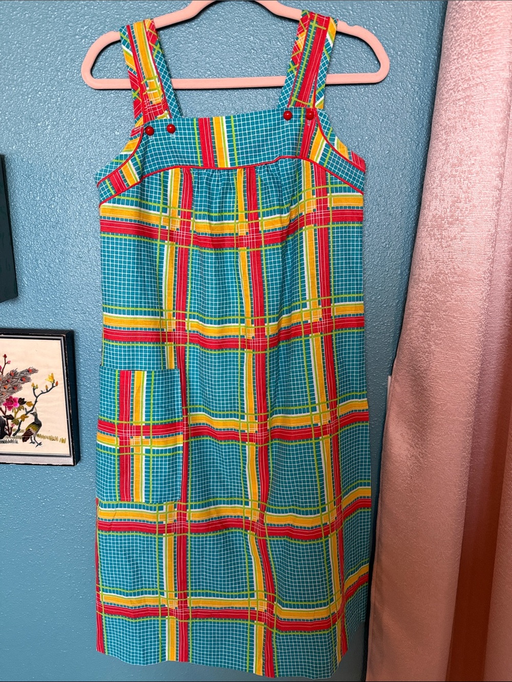 VTG 70s 80s Komar Vibrant Plaid Pinafore House Dress Apron Pocket Sz Small